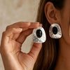 Women's Retro Hammered Resin Gemstone Earrings Electroplated Alloy Geometric Statement Jewelry With Stainless Steel Ear Pins