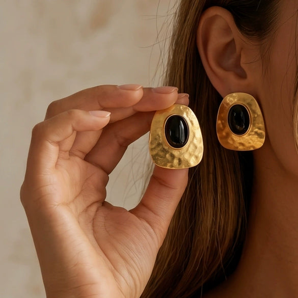 Women's Retro Hammered Resin Gemstone Earrings Electroplated Alloy Geometric Statement Jewelry With Stainless Steel Ear Pins