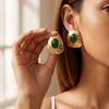 Women's Retro Hammered Resin Gemstone Earrings Electroplated Alloy Geometric Statement Jewelry With Stainless Steel Ear Pins