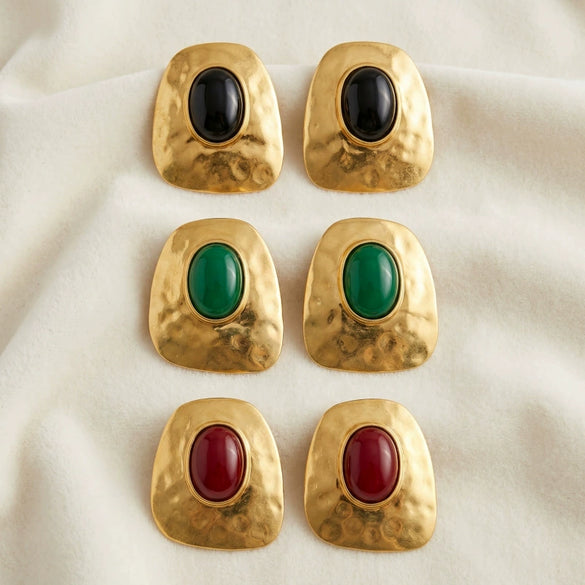 Women's Retro Hammered Resin Gemstone Earrings Electroplated Alloy Geometric Statement Jewelry With Stainless Steel Ear Pins