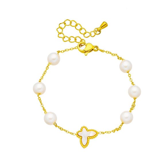 Women's Retro Hand Jewelry Bracelet Round Pearl Butterfly Chain Stainless Steel Electroplating