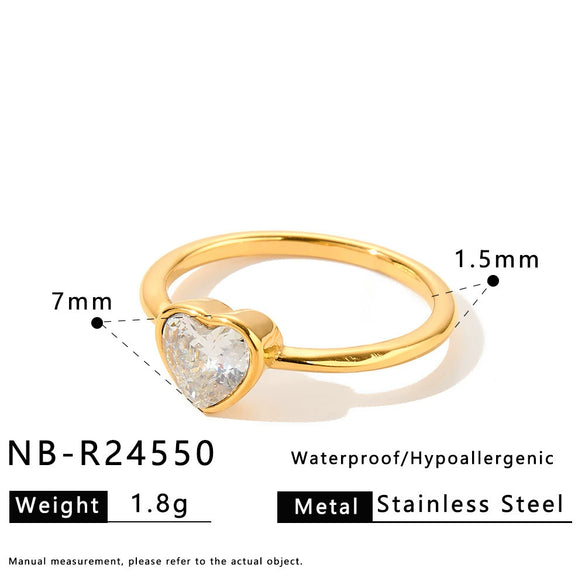 Women's Retro Heart And Geometric Zircon Inlaid Stainless Steel Ring With Gold Plated Finish