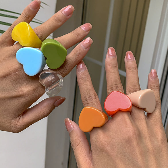 Women's Retro Heart Shaped Resin Ring Simple Geometric Candy Color Wide Band Love Ring