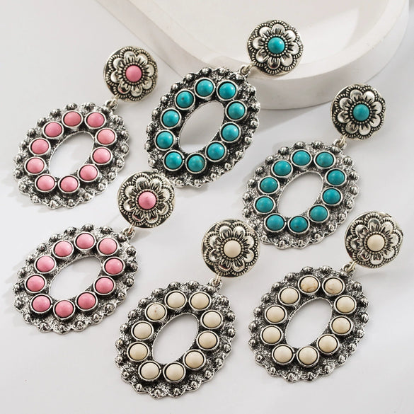 Women's Retro Heavy Industry Cut Out Flower Geometric Style Alloy Turquoise Inlaid Earrings