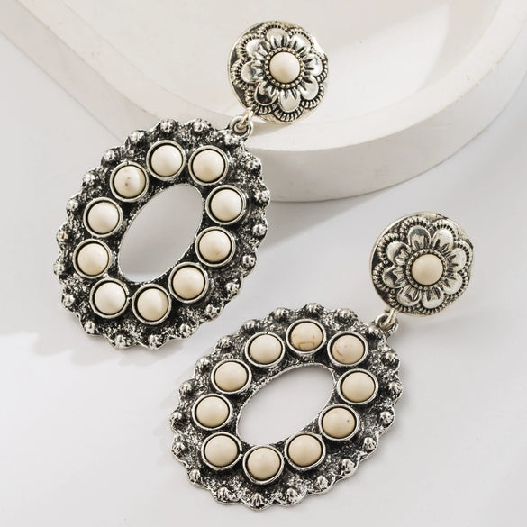 Women's Retro Heavy Industry Cut Out Flower Geometric Style Alloy Turquoise Inlaid Earrings