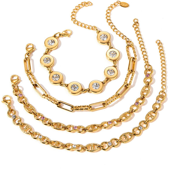 Women’s Retro Hollow Geometric Stainless Steel Bracelet With 18K Gold Plating Zircon Inlay And Rhinestone Chain Design