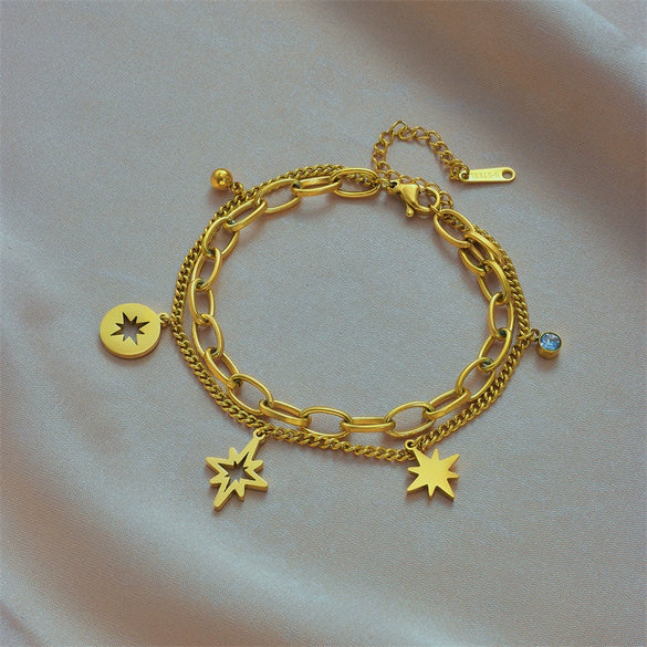 Women's Retro Hollow Sixpointed Star Rhinestone Doublelayer Chain Stainless Steel Bracelet With Electroplating