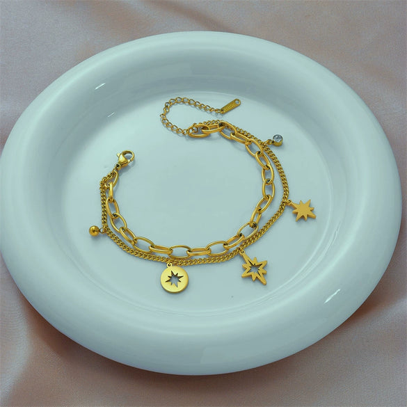 Women's Retro Hollow Sixpointed Star Rhinestone Doublelayer Chain Stainless Steel Bracelet With Electroplating
