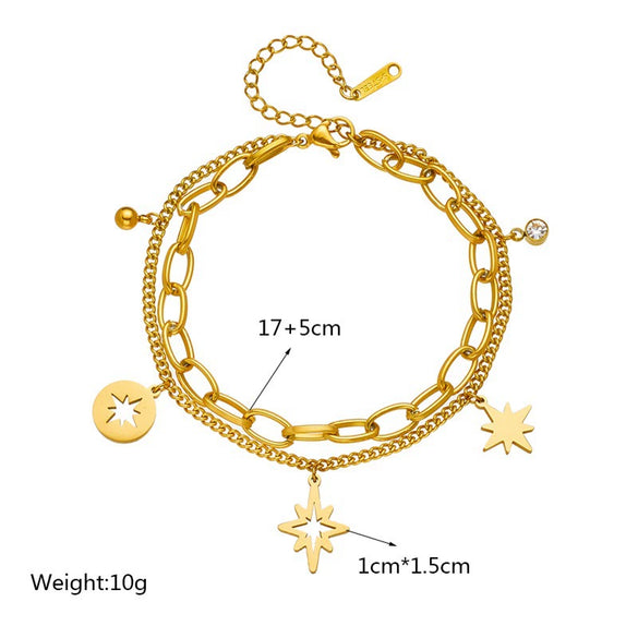 Women's Retro Hollow Sixpointed Star Rhinestone Doublelayer Chain Stainless Steel Bracelet With Electroplating