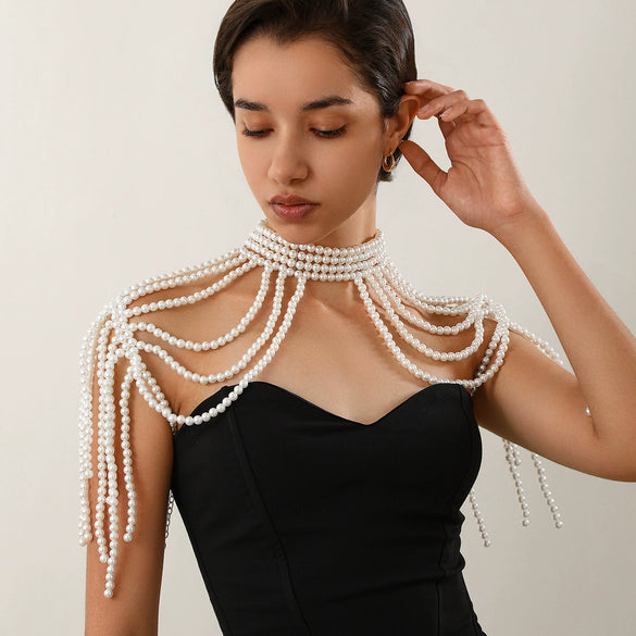 Women's Retro Imitation Pearl Handmade Beaded Multi Layer Tassel Shoulder Chain