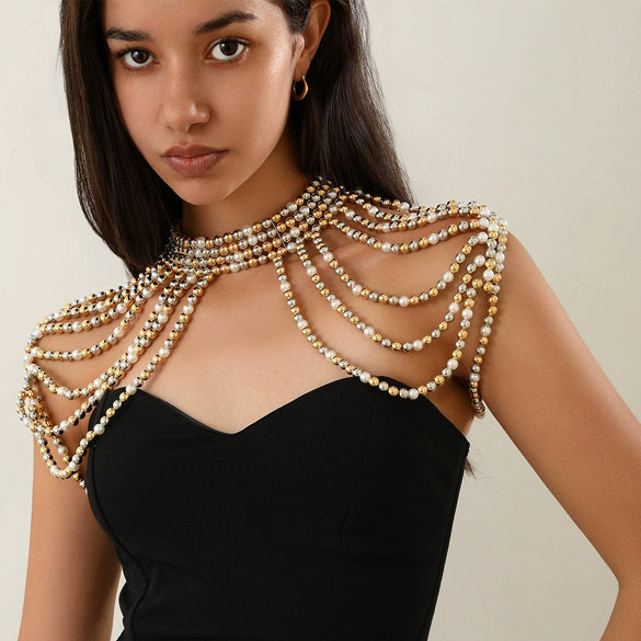 Women's Retro Imitation Pearl Handmade Beaded Multi Layer Tassel Shoulder Chain