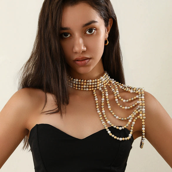 Women's Retro Imitation Pearl Handmade Beaded Multi Layer Tassel Shoulder Chain