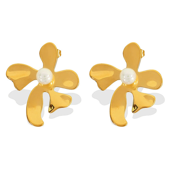 Women's Retro Imitation Pearl 316L Stainless Steel Electroplated Leaves And Flower Earrings