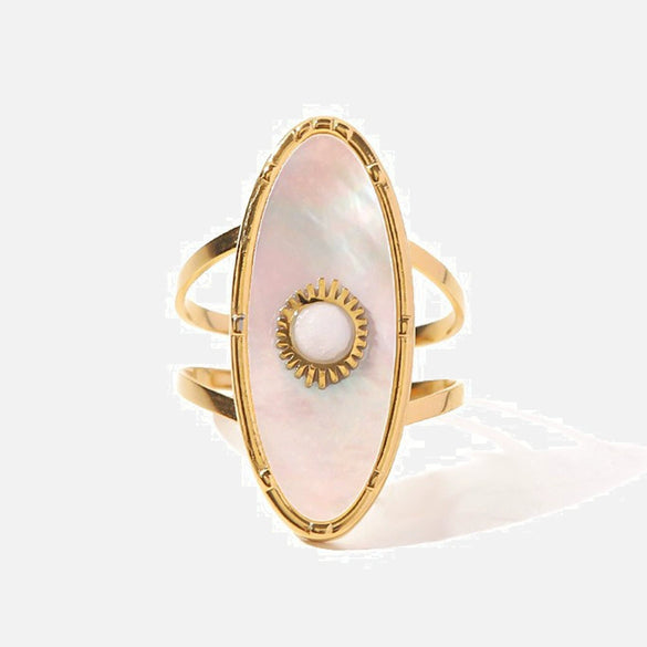 Women's Retro Ins Style Stainless Steel Oval Geometric Inlaid Pearl Ring With Electroplating