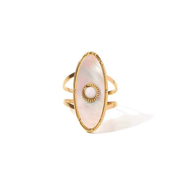 Women's Retro Ins Style Stainless Steel Oval Geometric Inlaid Pearl Ring With Electroplating