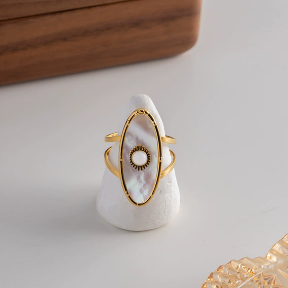 Women's Retro Ins Style Stainless Steel Oval Geometric Inlaid Pearl Ring With Electroplating