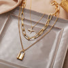 Women's Retro Layered Alloy Box Chain Necklace With Geometric Rhinestone Star Lock Pendant