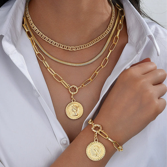 Women's Retro Layered Alloy Coin Pendant Necklace And Bracelet Set With Round Geometric Design And Electroplated Goldtone Finish