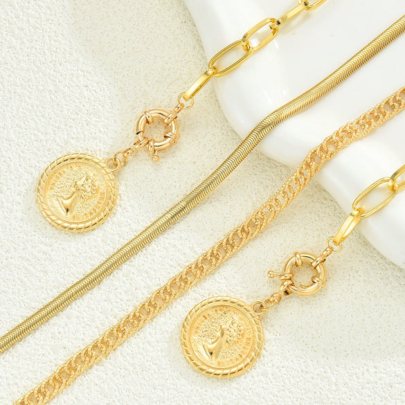 Women's Retro Layered Alloy Coin Pendant Necklace And Bracelet Set With Round Geometric Design And Electroplated Goldtone Finish