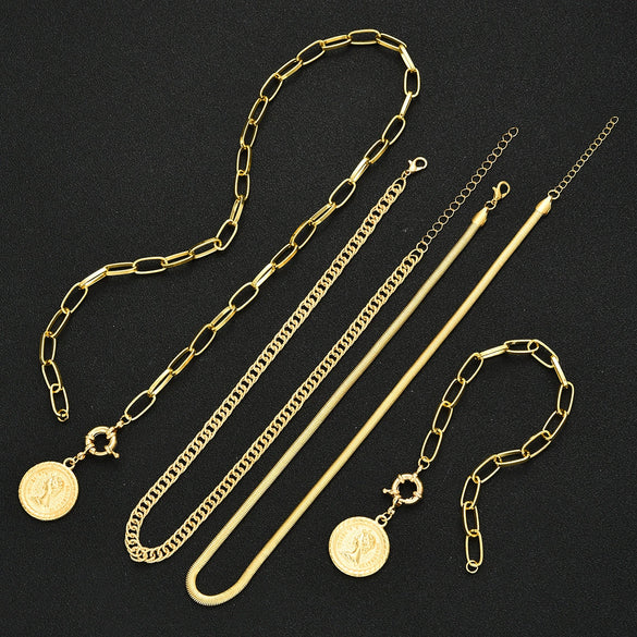 Women's Retro Layered Alloy Coin Pendant Necklace And Bracelet Set With Round Geometric Design And Electroplated Goldtone Finish