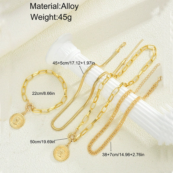 Women's Retro Layered Alloy Coin Pendant Necklace And Bracelet Set With Round Geometric Design And Electroplated Goldtone Finish