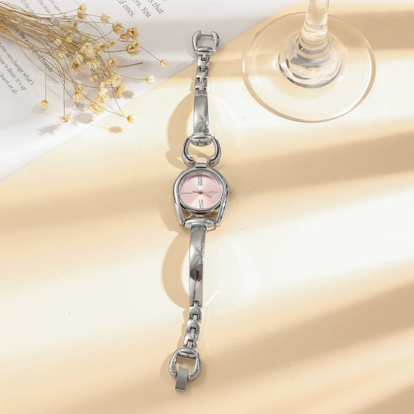 Women's Retro Leisure Alloy Case Stainless Steel Band Round Dial Quartz Watch With Roman Scale And Aurora Hollow Design