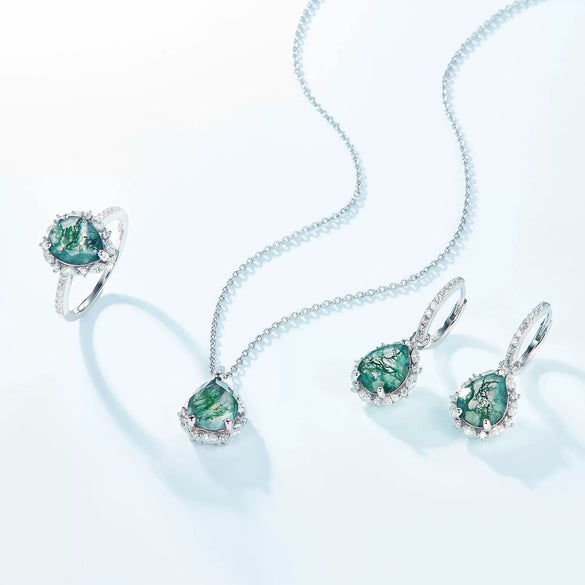 Women's Retro Light Luxury Pearshaped Geometric Green Moss Agate S925 Silver Earrings With Diamond Design
