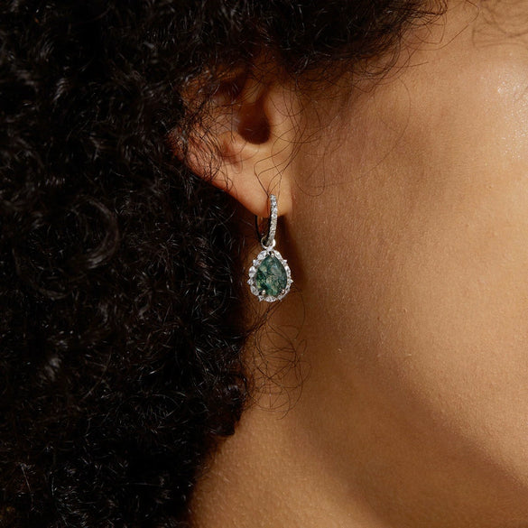 Women's Retro Light Luxury Pearshaped Geometric Green Moss Agate S925 Silver Earrings With Diamond Design