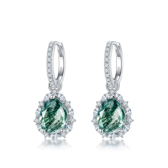 Women's Retro Light Luxury Pearshaped Geometric Green Moss Agate S925 Silver Earrings With Diamond Design