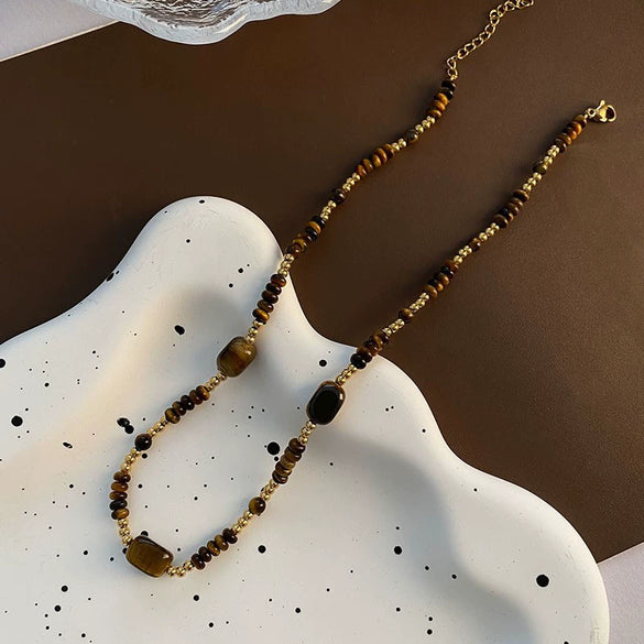 Women's Retro Light Luxury Titanium Steel Tiger Eye Necklace With Geometric Pattern And Electroplating Treatment And Pearl Chain