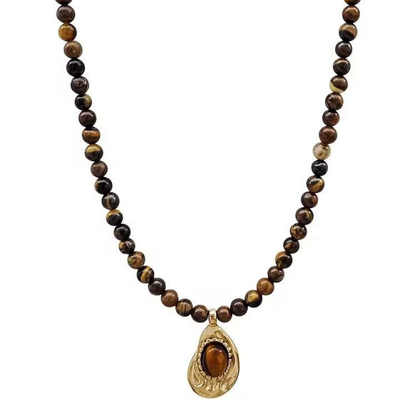 Women's Retro Light Luxury Titanium Steel Tiger Eye Necklace With Geometric Pattern And Electroplating Treatment And Pearl Chain