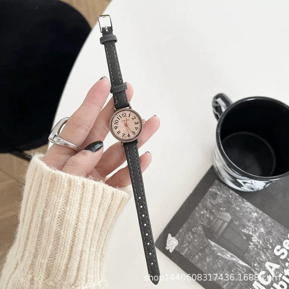Women's Retro Literary Round Alloy Case Ordinary Glass Mirror Quartz Watch