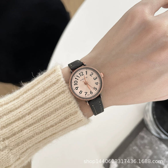 Women's Retro Literary Round Alloy Case Ordinary Glass Mirror Quartz Watch