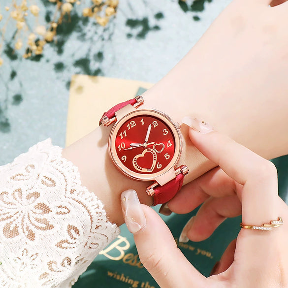 Women's Retro Love Casual Watch Alloy Case Pu Strap Stainless Steel Buckle Round Dial Onion Crown Mineral Reinforced Glass Mirror