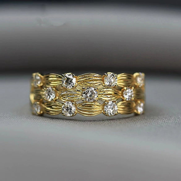 Women's Retro Metal Copper Ring With Gypsophila Leaf Pattern And Inlaid Zircon