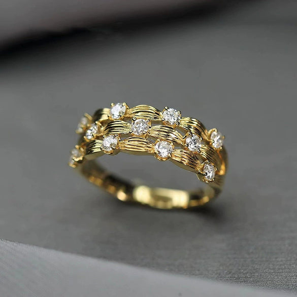 Women's Retro Metal Copper Ring With Gypsophila Leaf Pattern And Inlaid Zircon