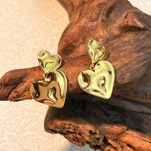 Women's Retro Minimalist Stainless Steel Double Heart Geometric Earrings With Electroplating