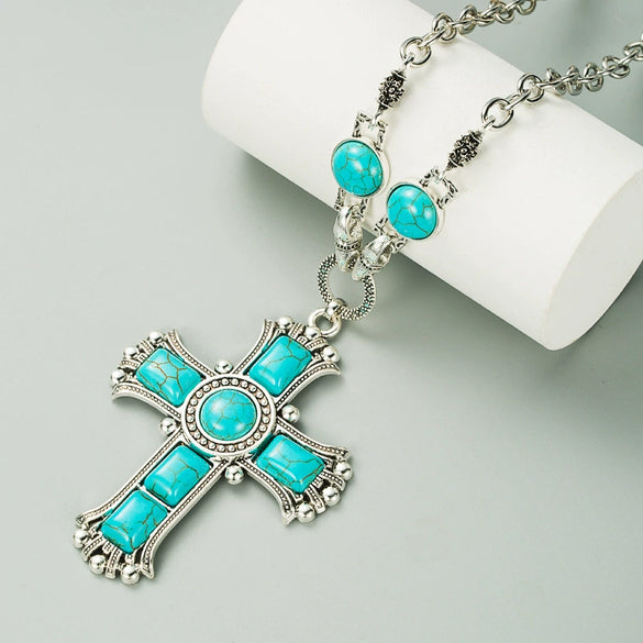 Women's Retro Multi Layer Cross Pendant Necklace Set With Alloy Snake Bone Chain And Zircon Inlay Geometric Fashion Jewelry