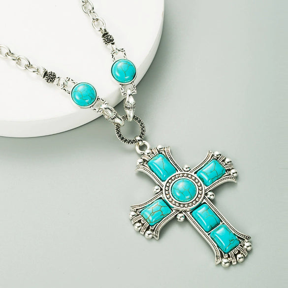 Women's Retro Multi Layer Cross Pendant Necklace Set With Alloy Snake Bone Chain And Zircon Inlay Geometric Fashion Jewelry