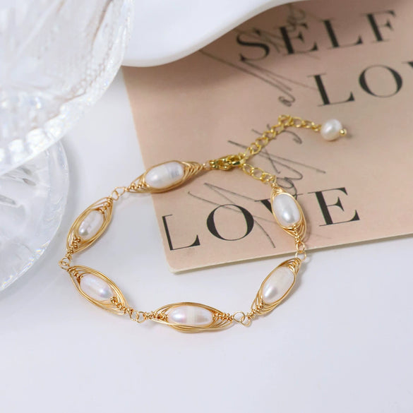 Women's Retro Natural Pearl And Titanium Steel Geometric Electroplating Winding Bracelet Jewelry