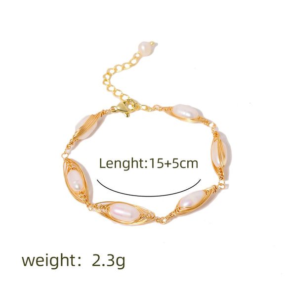 Women's Retro Natural Pearl And Titanium Steel Geometric Electroplating Winding Bracelet Jewelry