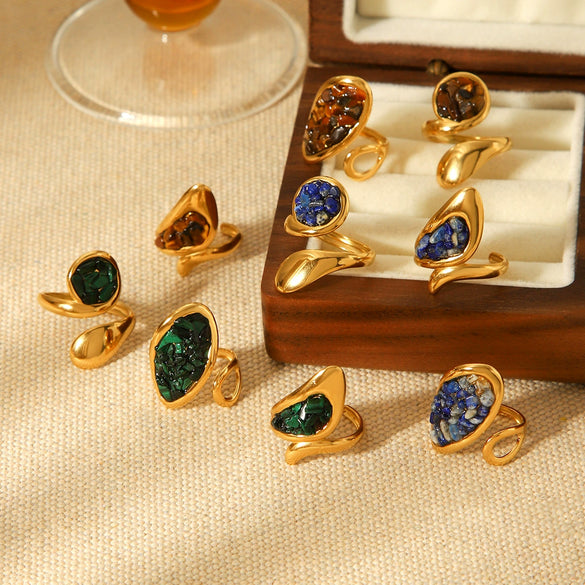 Women's Retro Natural Stone Geometric Stainless Steel Open Ring Set With Gemstones