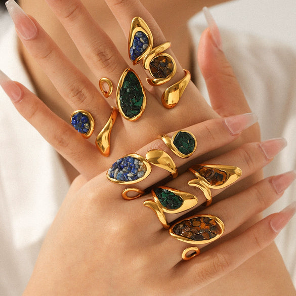 Women's Retro Natural Stone Geometric Stainless Steel Open Ring Set With Gemstones