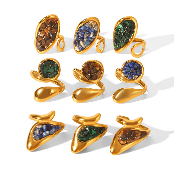 Women's Retro Natural Stone Geometric Stainless Steel Open Ring Set With Gemstones