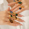 Women's Retro Natural Stone Geometric Stainless Steel Open Ring Set With Gemstones