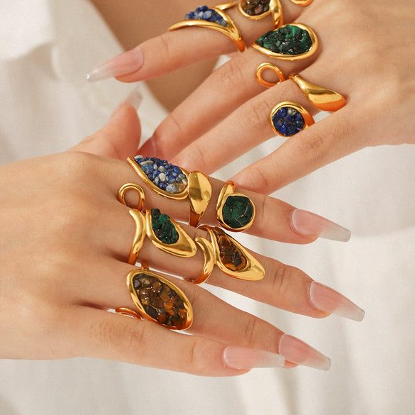 Women's Retro Natural Stone Geometric Stainless Steel Open Ring Set With Gemstones