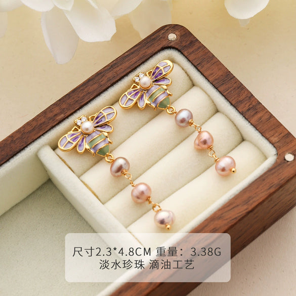 Women's Retro Niche Design Freshwater Pearl Copper Earrings With Heart Shape Flower Leaf Geometric Patterns Electroplated
