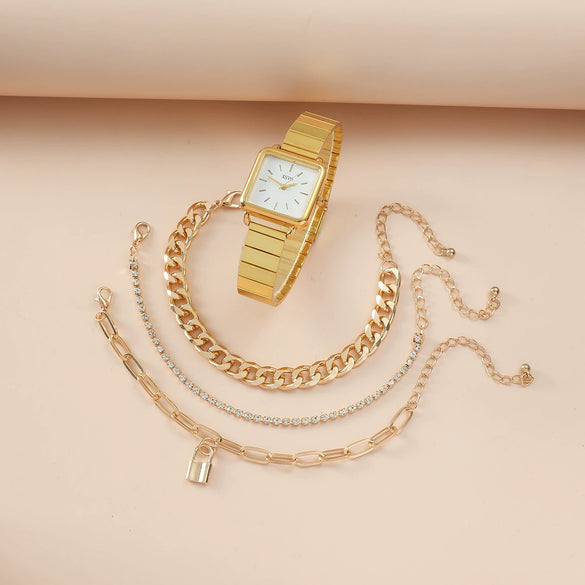 Women's Retro Niche Square Alloy Case Stainless Steel Clasp Imitation Leather Strap Watch And Bracelet Suit