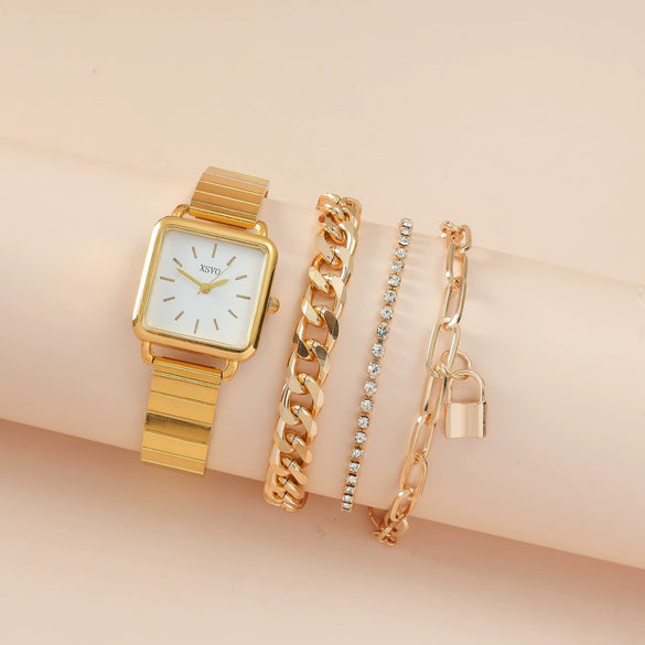 Women's Retro Niche Square Alloy Case Stainless Steel Clasp Imitation Leather Strap Watch And Bracelet Suit
