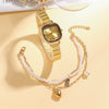 Women's Retro Pearl Bracelet Watch Set With Alloy Case And Square Dial